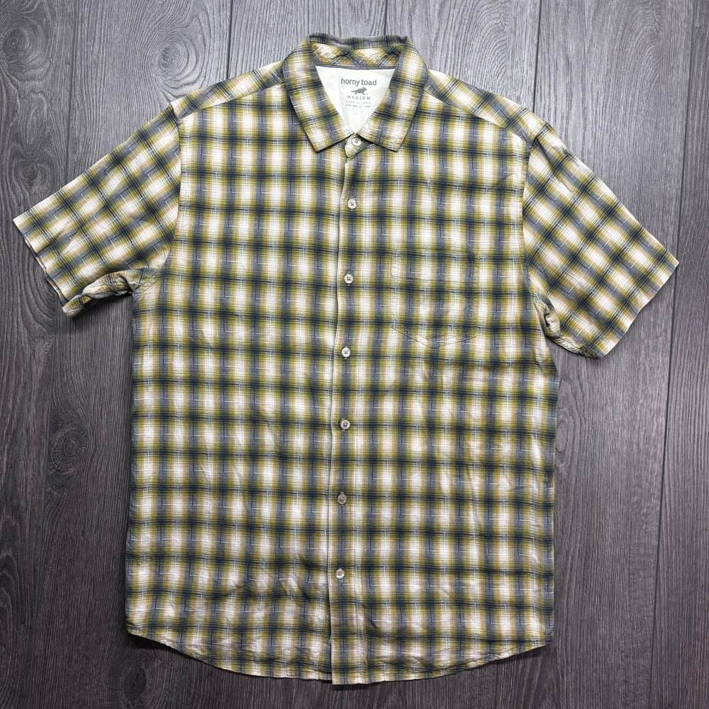 Horny Toad Mens Medium Short Sleeve Plaid Button Down Shirt Green Tan Pocket